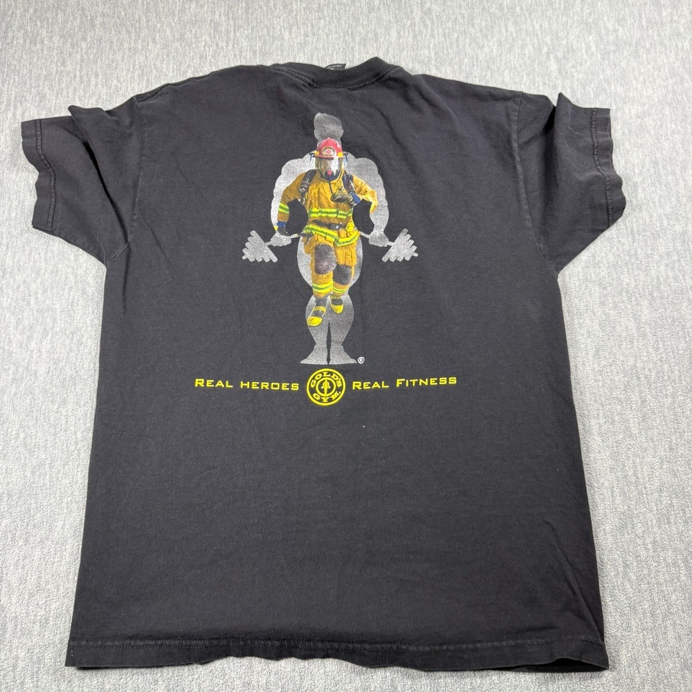 Gold's Gym Shirt Mens L Black Real Heroes Firefighter Graphic USA Made Vintage